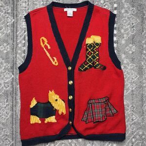 Vintage Robin Sinkler Scottie Dog Holiday Sweater Vest Large Red Novelty 90s